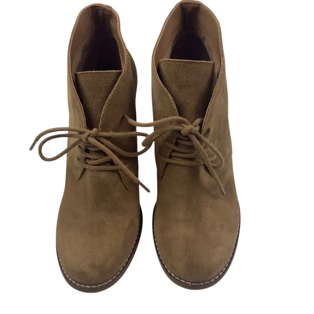 Lucky Brand Yamene Camel Suede Leather Wedge Lace Up Booties Women's Size 8.5
